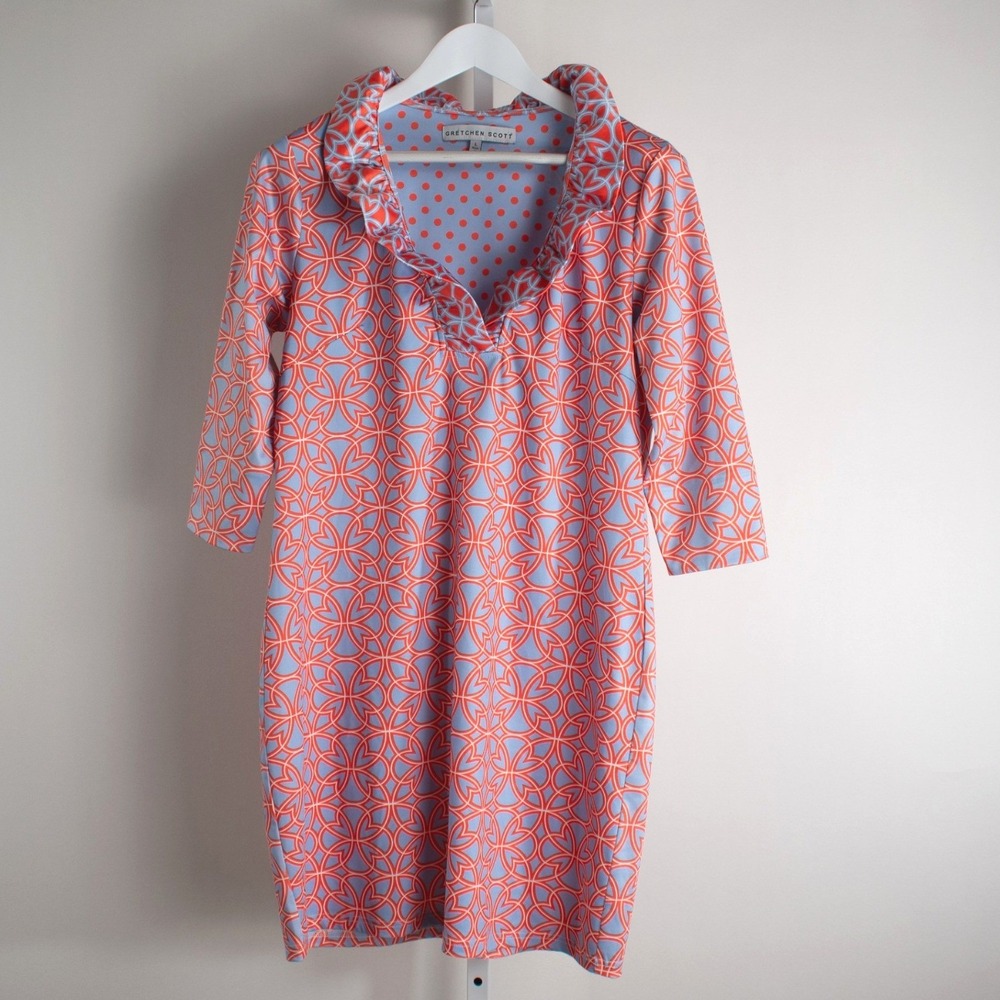 Gretchen Scott Women's Geometric Print‎ 3/4 Sleeve Dress Blue Coral Large